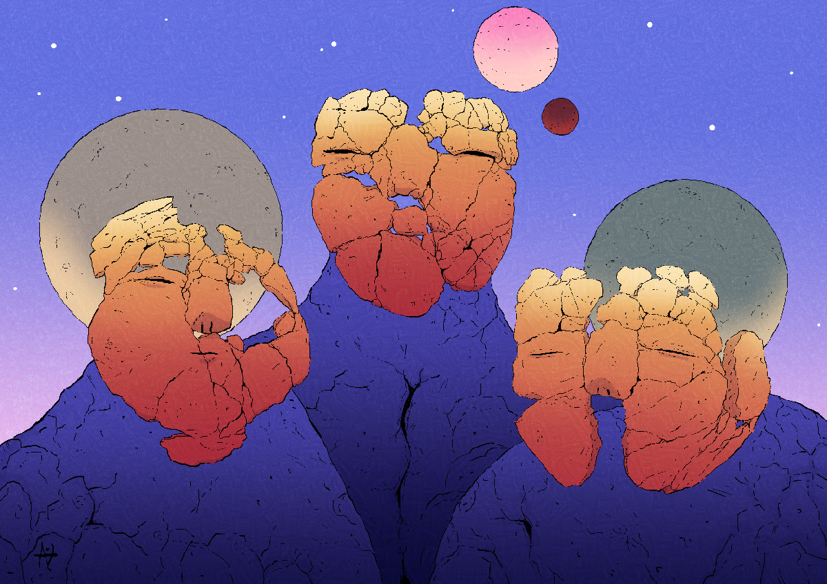Dessin de trois personnages masqués sur un paysage de science-fiction